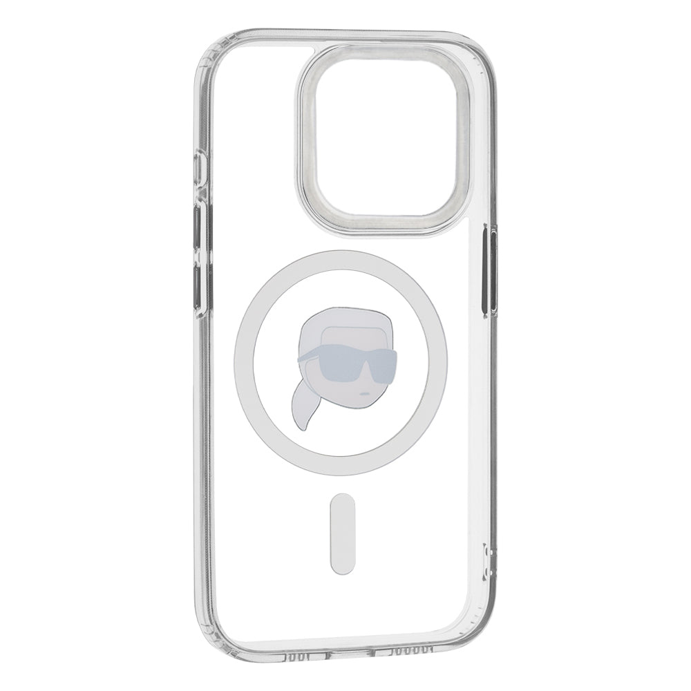 Puzdro MagSafe pre Apple iPhone 15 Pro, Karl Lagerfeld, IML Metal Karl's Head, Biela