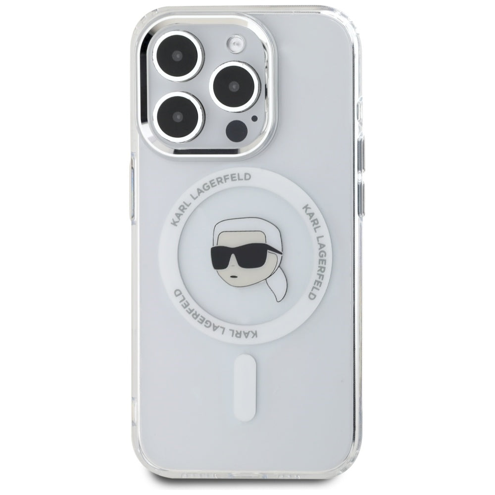 Puzdro MagSafe pre Apple iPhone 15 Pro, Karl Lagerfeld, IML Metal Karl's Head, Biela