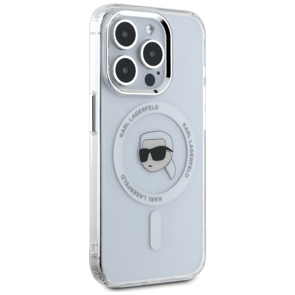 Puzdro MagSafe pre Apple iPhone 15 Pro, Karl Lagerfeld, IML Metal Karl's Head, Biela