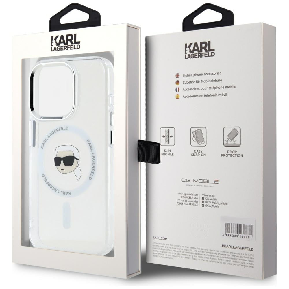 Puzdro MagSafe pre Apple iPhone 15 Pro, Karl Lagerfeld, IML Metal Karl's Head, Biela