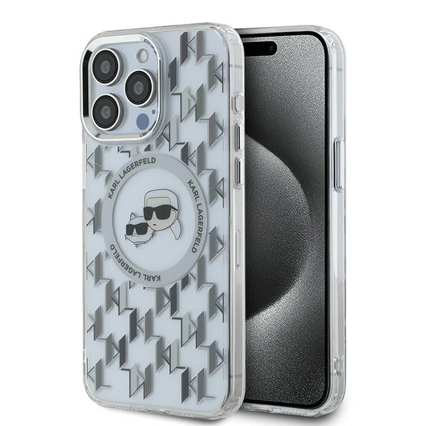 Puzdro MagSafe pre Apple iPhone 15 Pro, Karl Lagerfeld, IML Monogram Karl & Choupette's Heads, Priehľadné