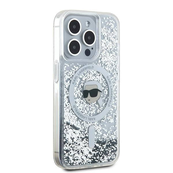 Puzdro MagSafe pre Apple iPhone 15 Pro, Karl Lagerfeld, Liquid Glitter Karl's Head, Transparentné