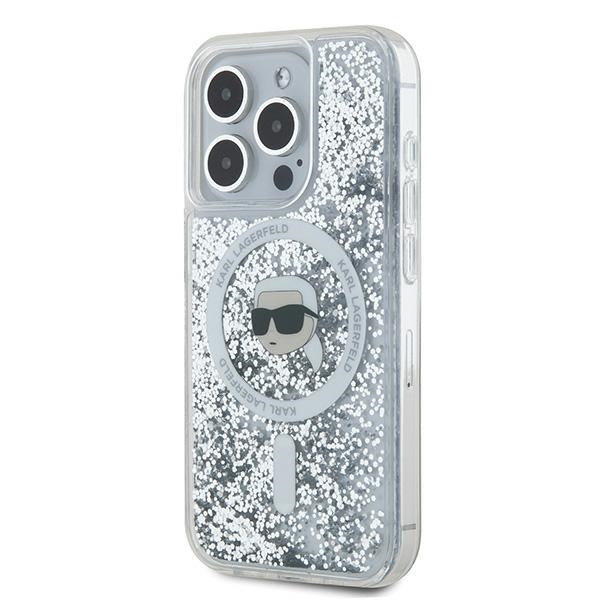 Puzdro MagSafe pre Apple iPhone 15 Pro, Karl Lagerfeld, Liquid Glitter Karl's Head, Transparentné