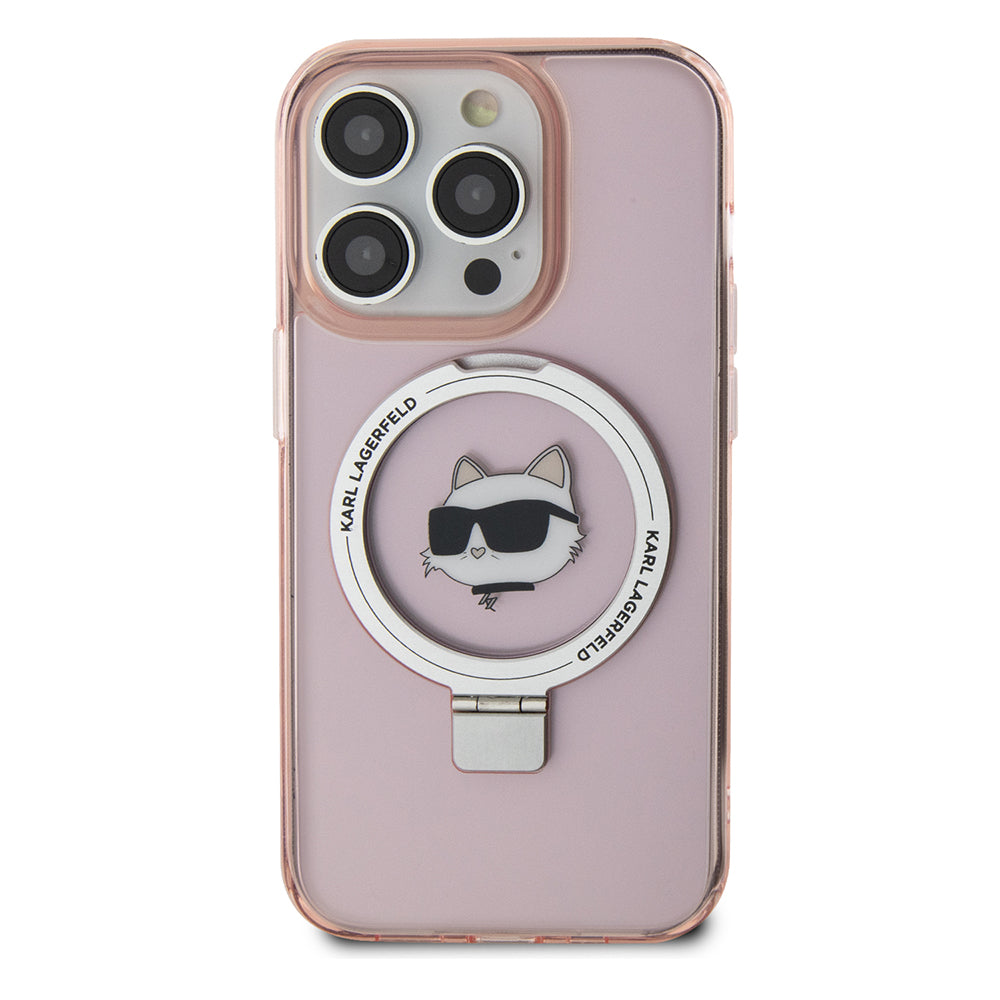 Puzdro MagSafe pre Apple iPhone 15 Pro, Karl Lagerfeld, Ring Stand Choupette's Head, Ružové