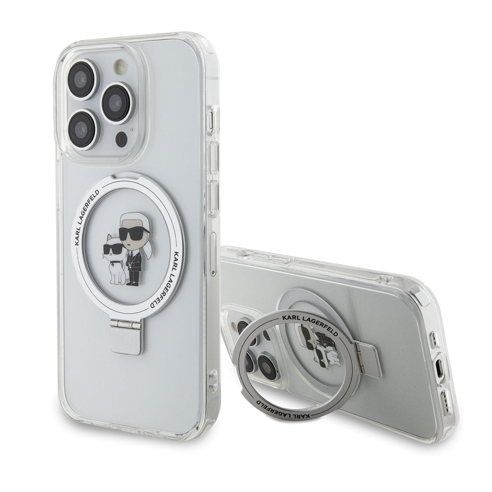 Puzdro MagSafe pre Apple iPhone 15 Pro, Karl Lagerfeld, Ring Stand Karl & Choupette, Biela