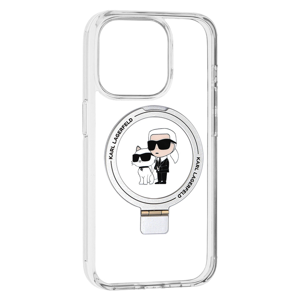Puzdro MagSafe pre Apple iPhone 15 Pro, Karl Lagerfeld, Ring Stand Karl & Choupette, Biela