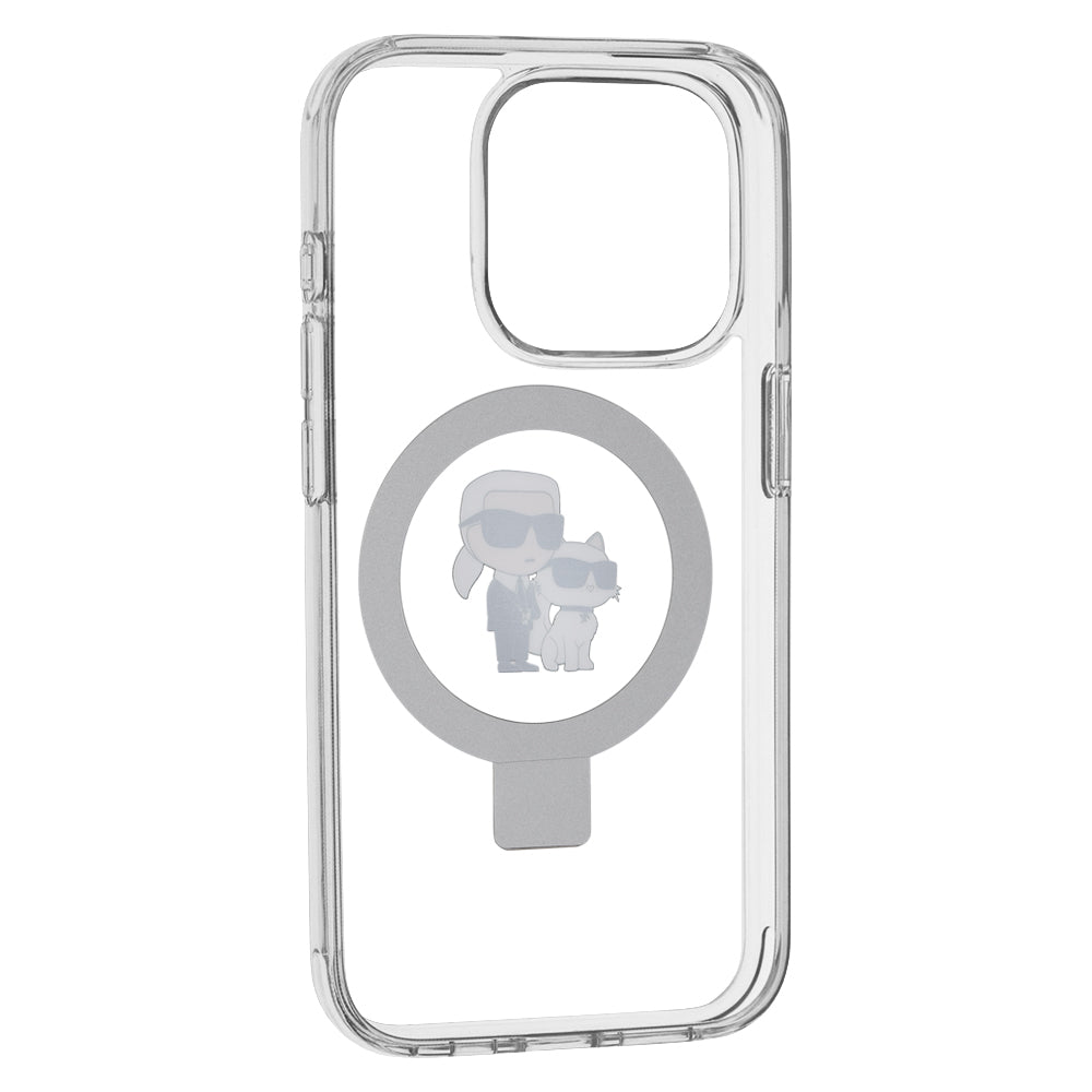 Puzdro MagSafe pre Apple iPhone 15 Pro, Karl Lagerfeld, Ring Stand Karl & Choupette, Biela