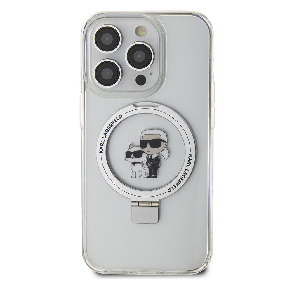 Puzdro MagSafe pre Apple iPhone 15 Pro, Karl Lagerfeld, Ring Stand Karl & Choupette, Biela