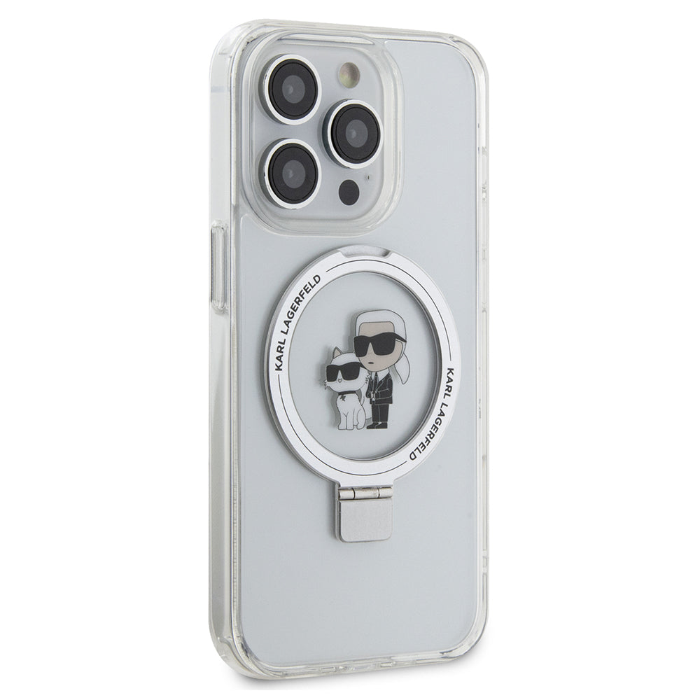 Puzdro MagSafe pre Apple iPhone 15 Pro, Karl Lagerfeld, Ring Stand Karl & Choupette, Biela