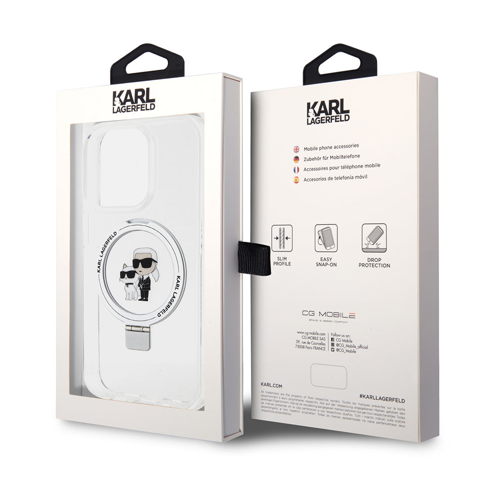 Puzdro MagSafe pre Apple iPhone 15 Pro, Karl Lagerfeld, Ring Stand Karl & Choupette, Biela