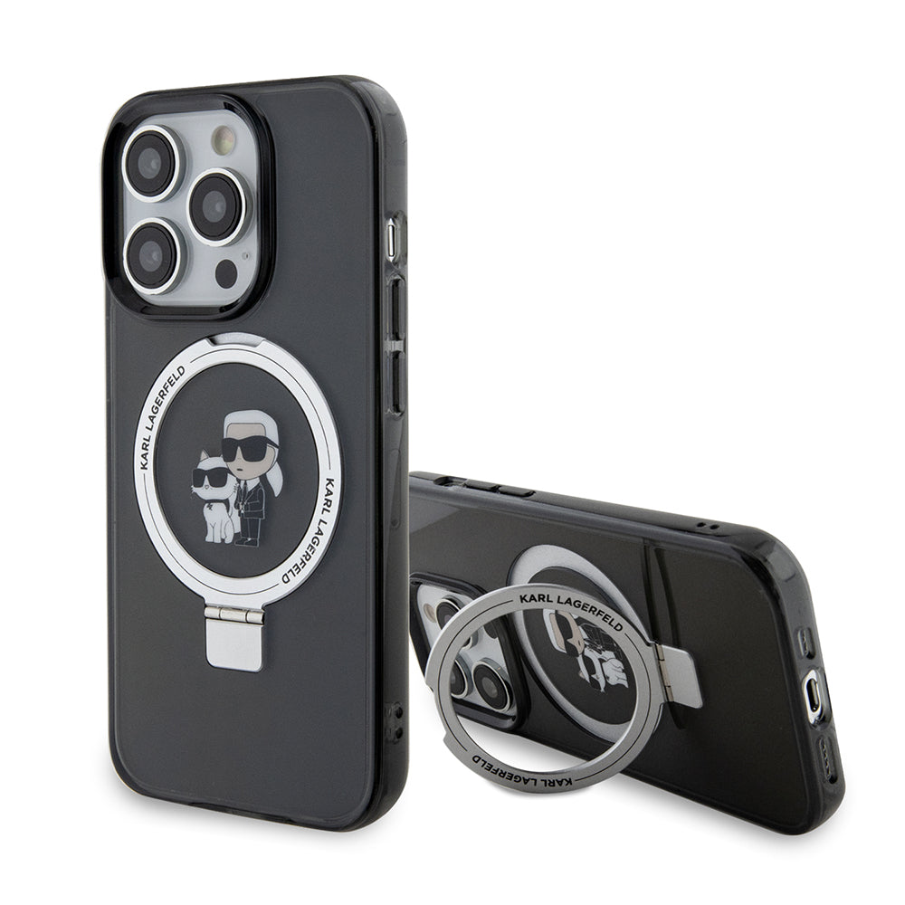Puzdro MagSafe pre Apple iPhone 15 Pro, Karl Lagerfeld, Ring Stand Karl & Choupette, Čierne