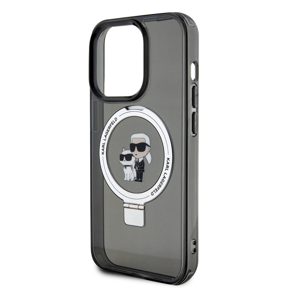 Puzdro MagSafe pre Apple iPhone 15 Pro, Karl Lagerfeld, Ring Stand Karl & Choupette, Čierne