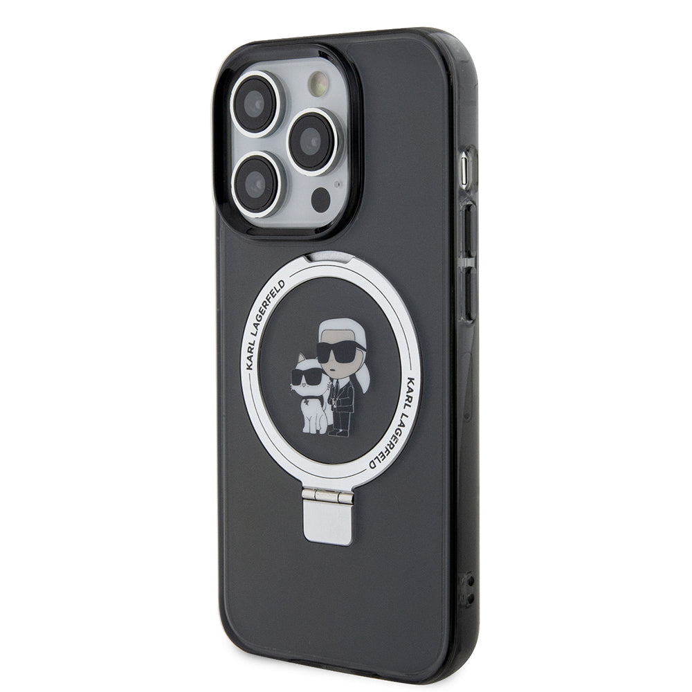 Puzdro MagSafe pre Apple iPhone 15 Pro, Karl Lagerfeld, Ring Stand Karl & Choupette, Čierne