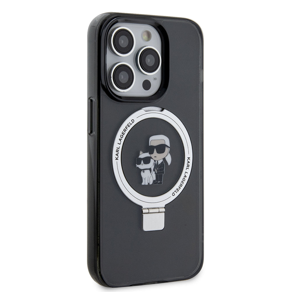 Puzdro MagSafe pre Apple iPhone 15 Pro, Karl Lagerfeld, Ring Stand Karl & Choupette, Čierne