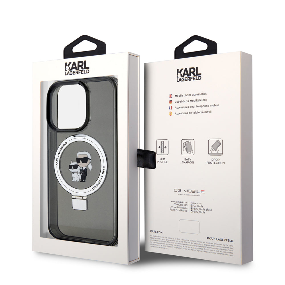 Puzdro MagSafe pre Apple iPhone 15 Pro, Karl Lagerfeld, Ring Stand Karl & Choupette, Čierne