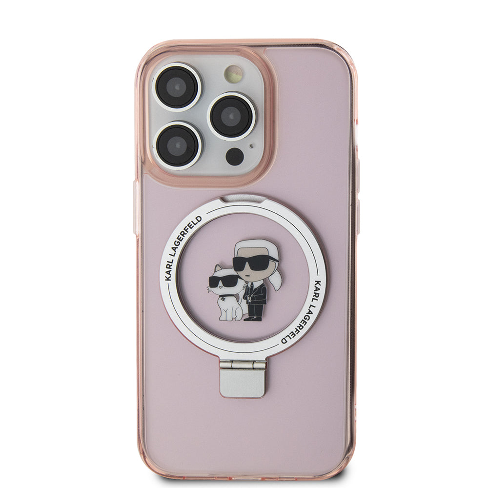 Puzdro MagSafe pre Apple iPhone 15 Pro, Karl Lagerfeld, Ring Stand Karl & Choupette, Ružové