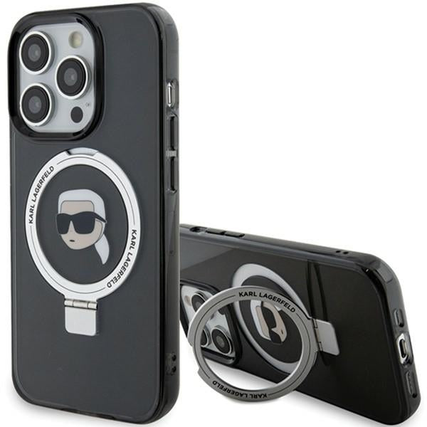 Puzdro MagSafe pre Apple iPhone 15 Pro, Karl Lagerfeld, Ring Stand Karl's Head, Čierne