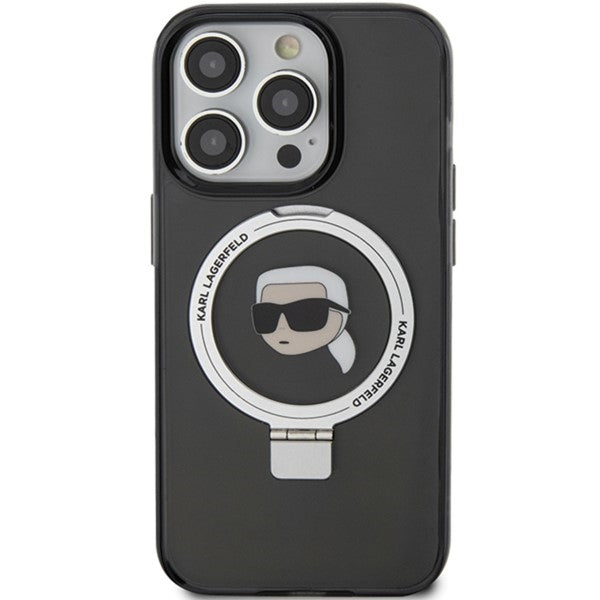 Puzdro MagSafe pre Apple iPhone 15 Pro, Karl Lagerfeld, Ring Stand Karl's Head, Čierne