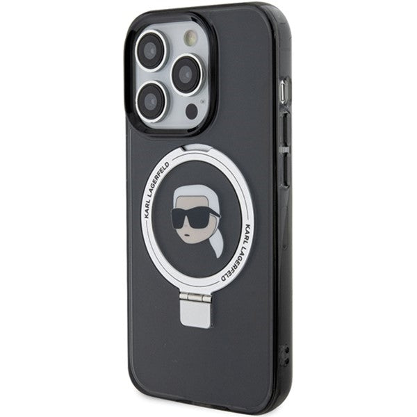 Puzdro MagSafe pre Apple iPhone 15 Pro, Karl Lagerfeld, Ring Stand Karl's Head, Čierne