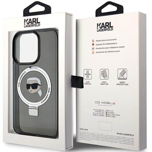 Puzdro MagSafe pre Apple iPhone 15 Pro, Karl Lagerfeld, Ring Stand Karl's Head, Čierne