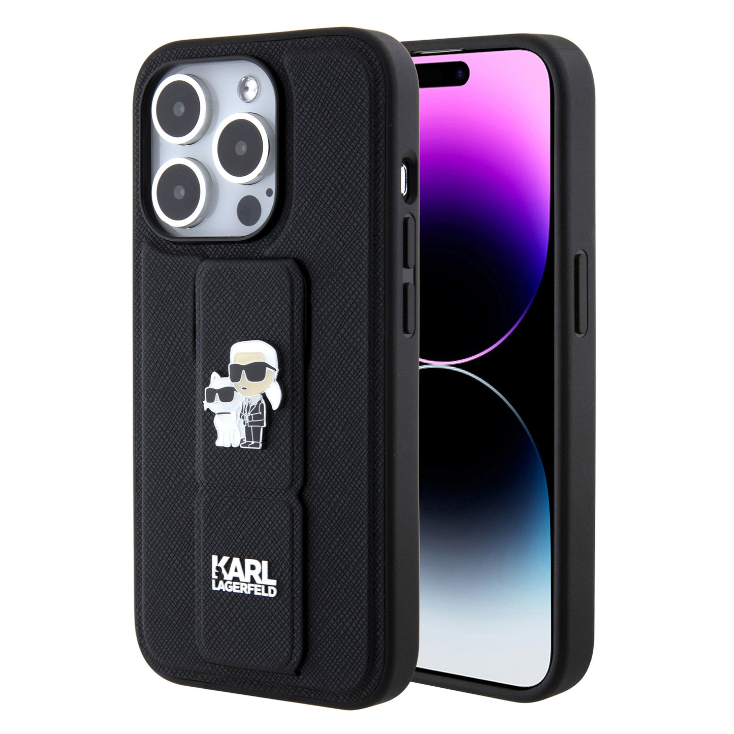 Puzdro MagSafe pre Apple iPhone 15 Pro, Karl Lagerfeld, Saffiano Gripstand Karl & Choupette, Čierne