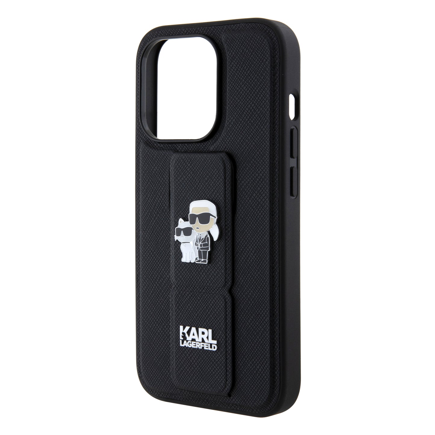 Puzdro MagSafe pre Apple iPhone 15 Pro, Karl Lagerfeld, Saffiano Gripstand Karl & Choupette, Čierne