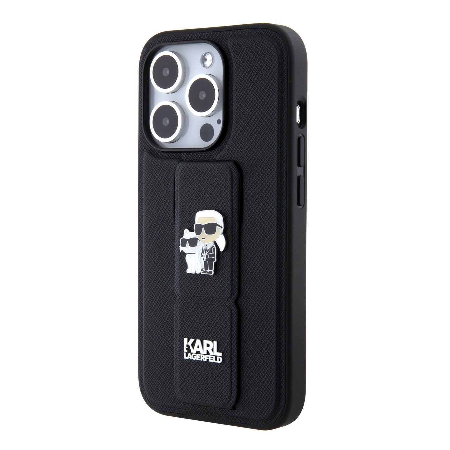 Puzdro MagSafe pre Apple iPhone 15 Pro, Karl Lagerfeld, Saffiano Gripstand Karl & Choupette, Čierne