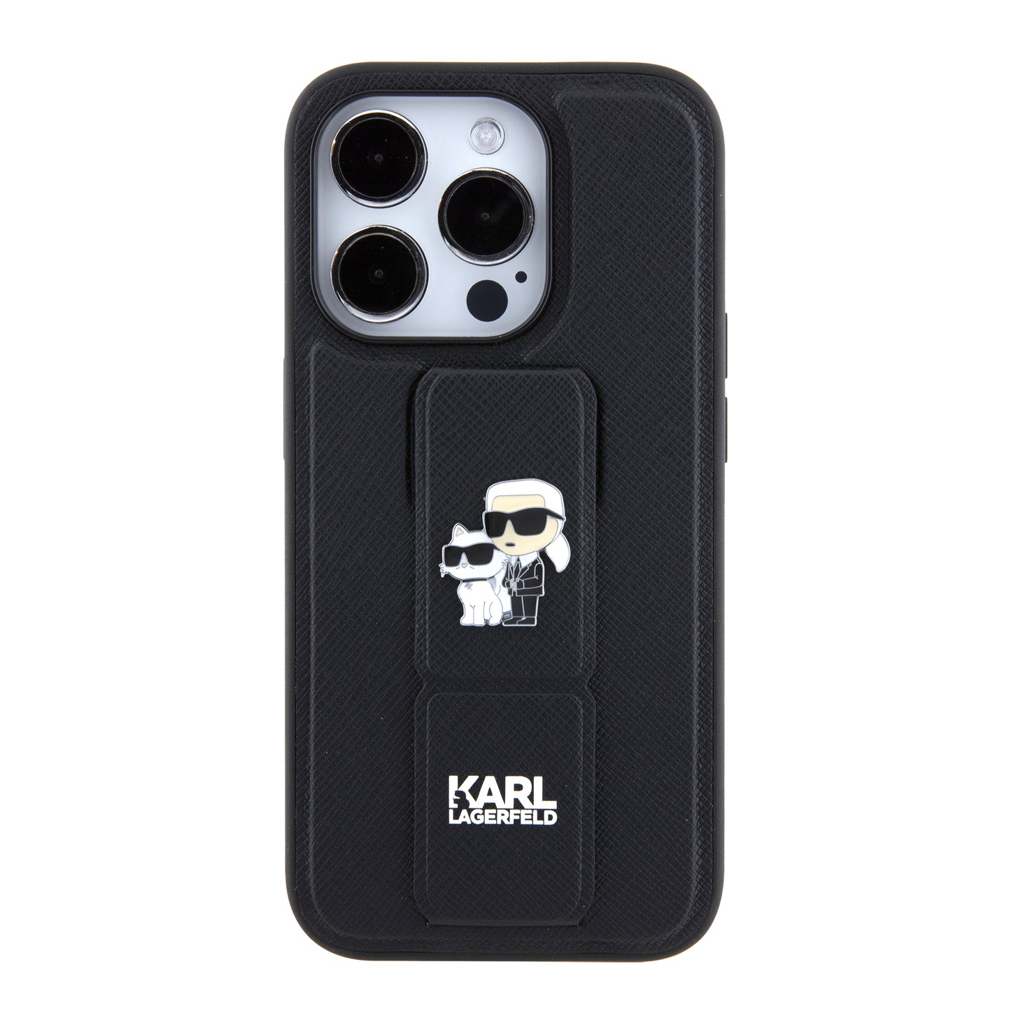 Puzdro MagSafe pre Apple iPhone 15 Pro, Karl Lagerfeld, Saffiano Gripstand Karl & Choupette, Čierne