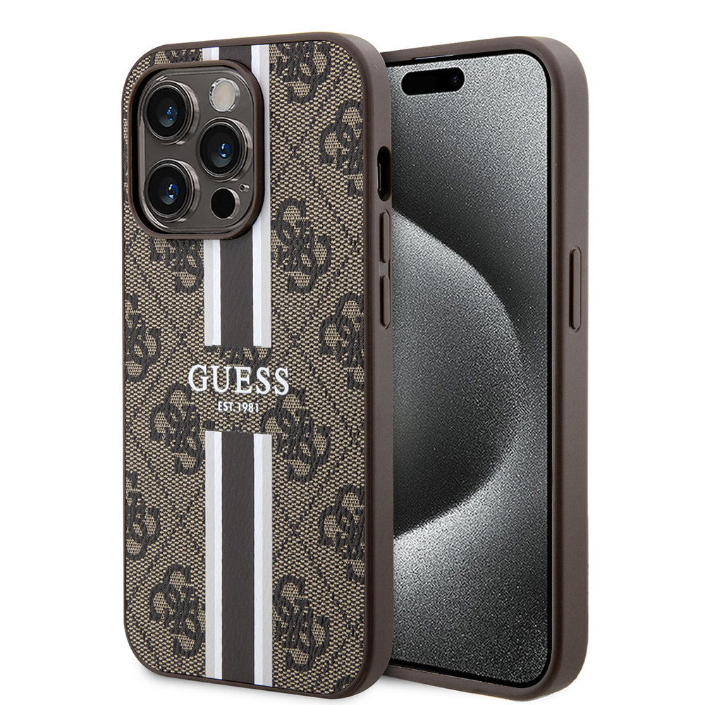 Puzdro MagSafe pre Apple iPhone 15 Pro Max, Guess, 4G Printed Stripes, Hnedá