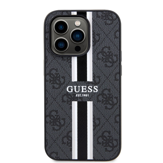 Puzdro MagSafe pre Apple iPhone 15 Pro Max, Guess, 4G Printed Stripes, Čierne