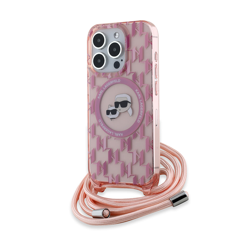 Puzdro MagSafe pre Apple iPhone 15 Pro Max, Karl Lagerfeld, IML Crossbody Monogram Karl & Choupette's Heads, Ružová