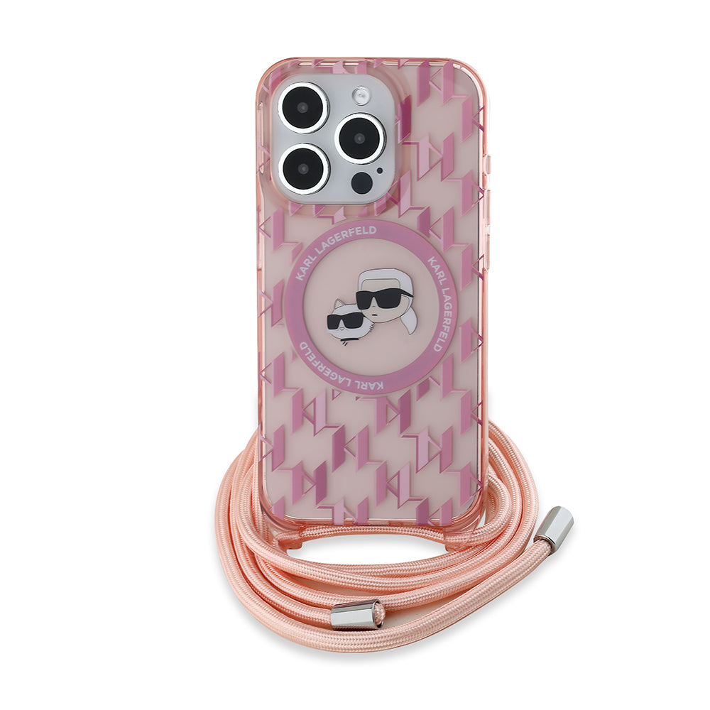 Puzdro MagSafe pre Apple iPhone 15 Pro Max, Karl Lagerfeld, IML Crossbody Monogram Karl & Choupette's Heads, Ružová