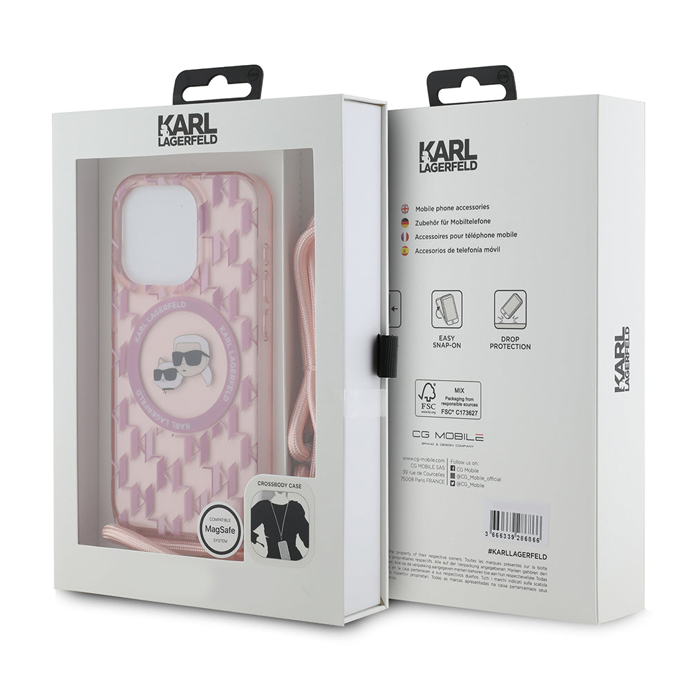 Puzdro MagSafe pre Apple iPhone 15 Pro Max, Karl Lagerfeld, IML Crossbody Monogram Karl & Choupette's Heads, Ružová