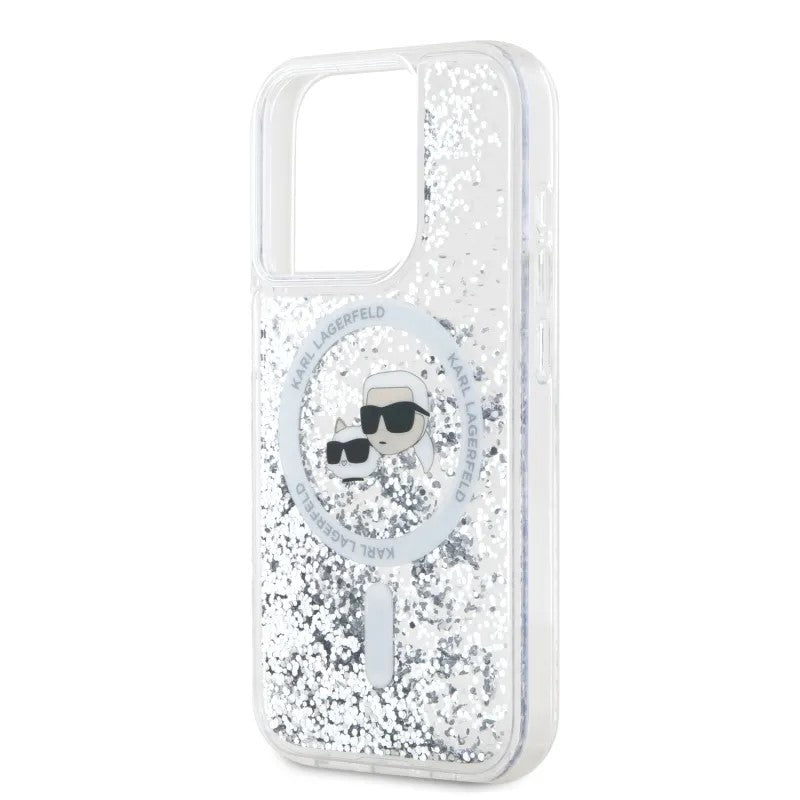 Puzdro MagSafe pre Apple iPhone 15 Pro Max, Karl Lagerfeld, Liquid Glitter Karl & Choupette's Heads, Transparentné