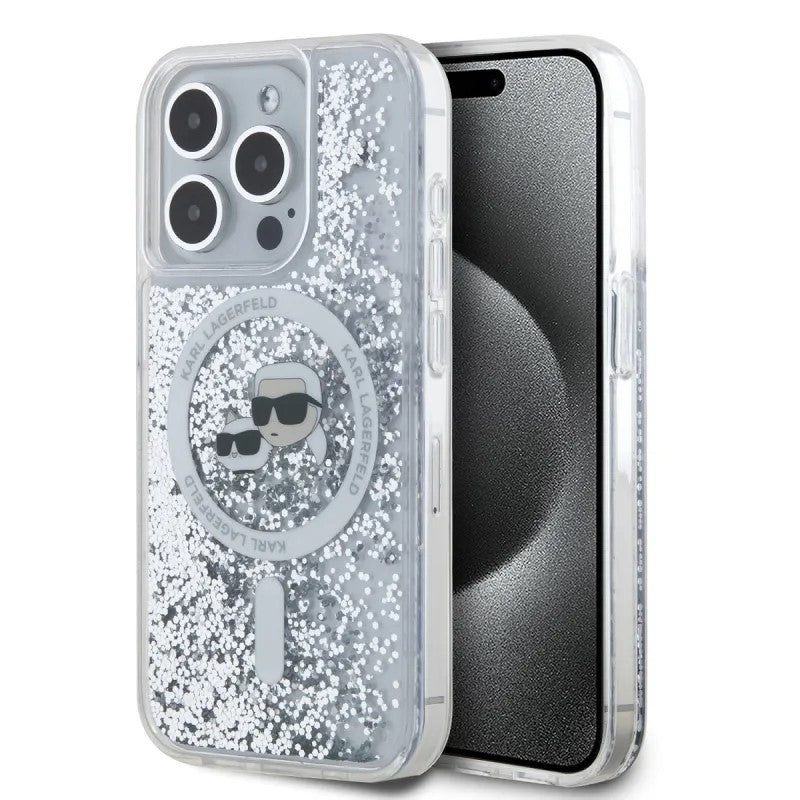 Puzdro MagSafe pre Apple iPhone 15 Pro Max, Karl Lagerfeld, Liquid Glitter Karl & Choupette's Heads, Transparentné