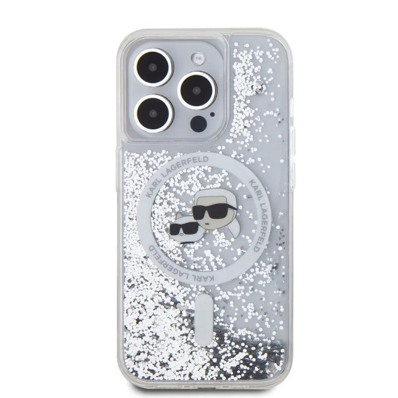 Puzdro MagSafe pre Apple iPhone 15 Pro Max, Karl Lagerfeld, Liquid Glitter Karl & Choupette's Heads, Transparentné