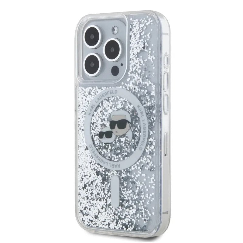 Puzdro MagSafe pre Apple iPhone 15 Pro Max, Karl Lagerfeld, Liquid Glitter Karl & Choupette's Heads, Transparentné