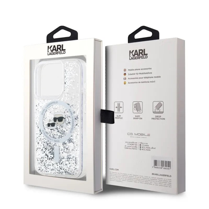 Puzdro MagSafe pre Apple iPhone 15 Pro Max, Karl Lagerfeld, Liquid Glitter Karl & Choupette's Heads, Transparentné