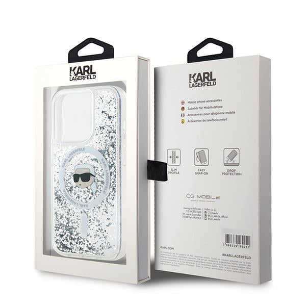 Puzdro MagSafe pre Apple iPhone 15 Pro Max, Karl Lagerfeld, Liquid Glitter Karl's Head, Transparentné