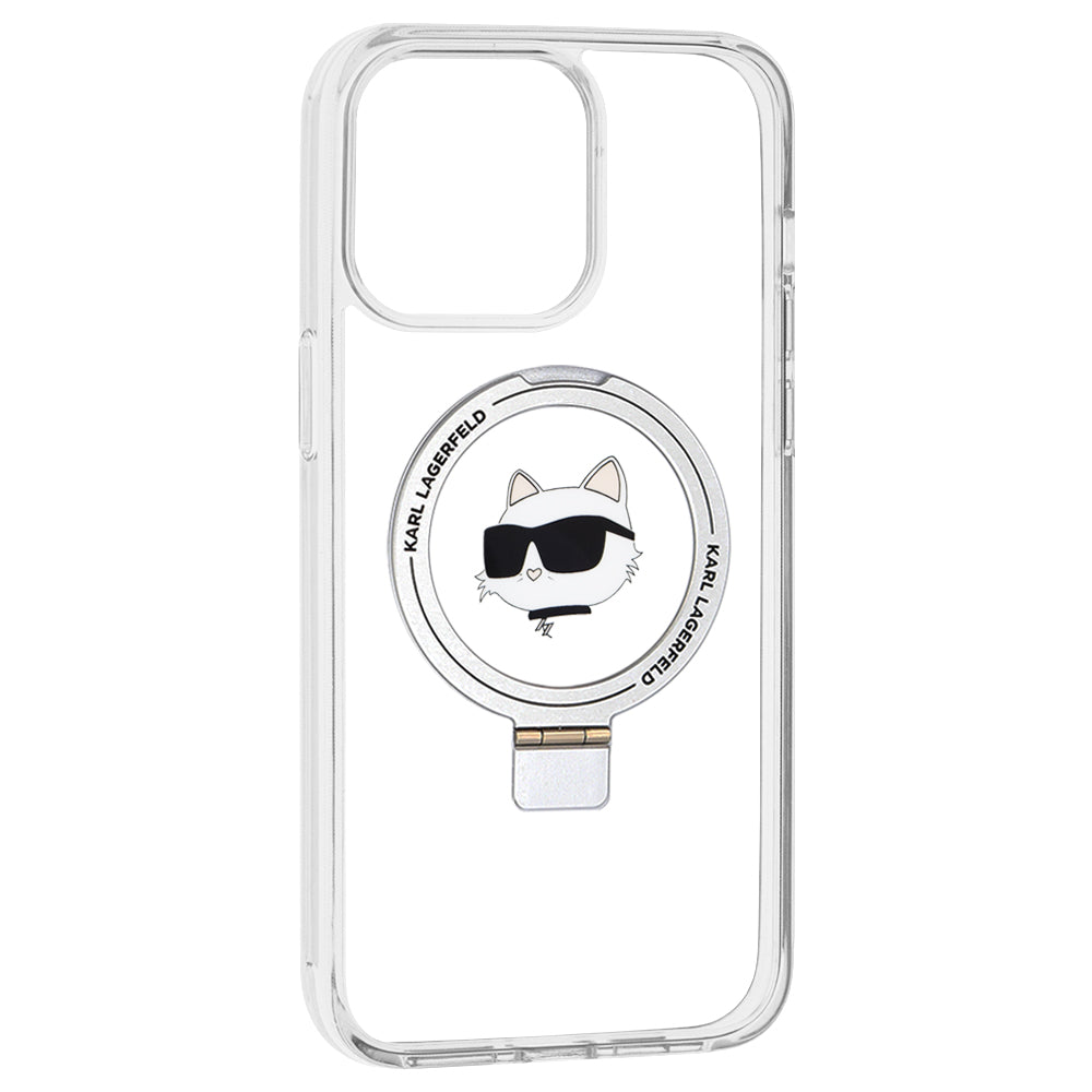 Puzdro MagSafe pre Apple iPhone 15 Pro Max, Karl Lagerfeld, Ring Stand Choupette's Head, Biela