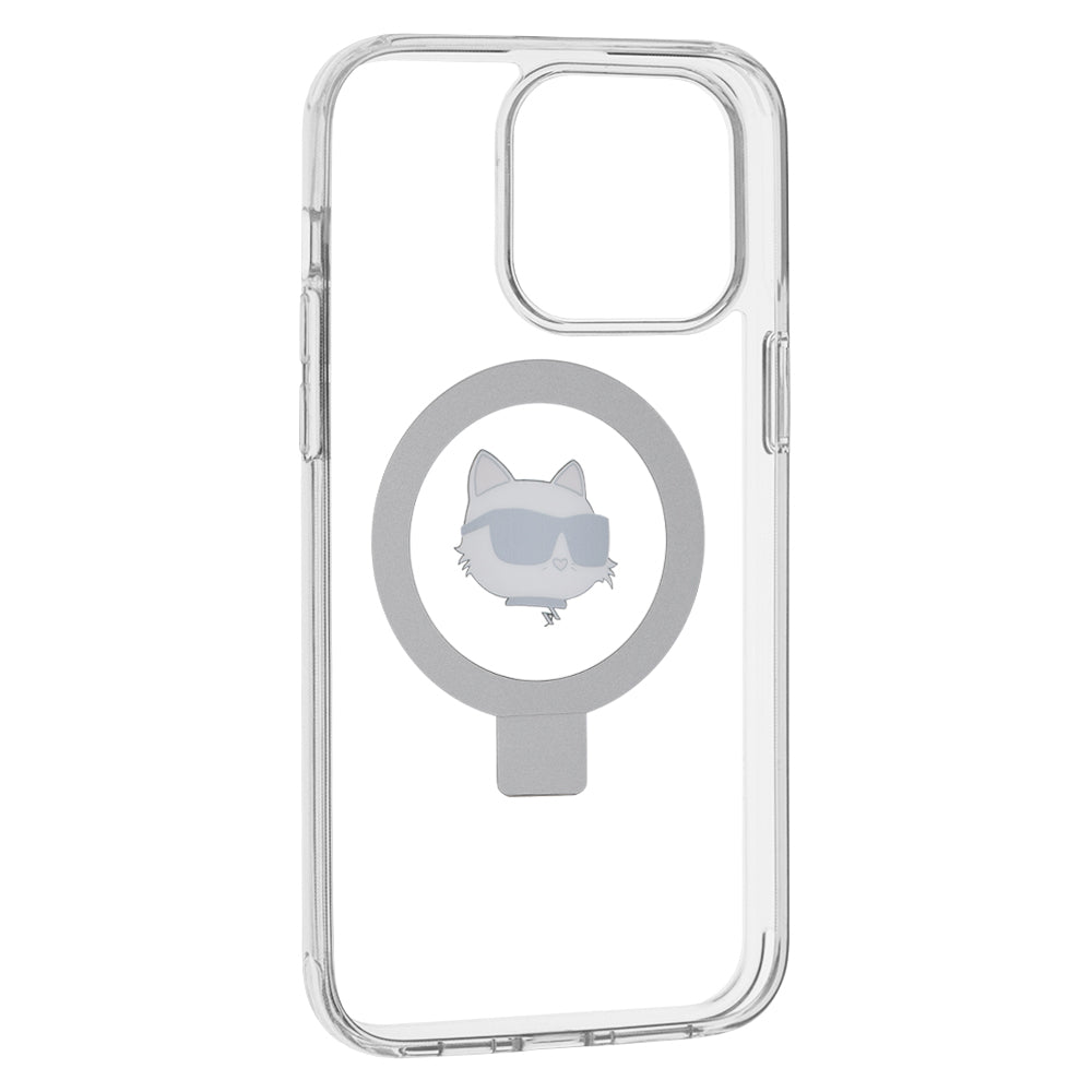 Puzdro MagSafe pre Apple iPhone 15 Pro Max, Karl Lagerfeld, Ring Stand Choupette's Head, Biela