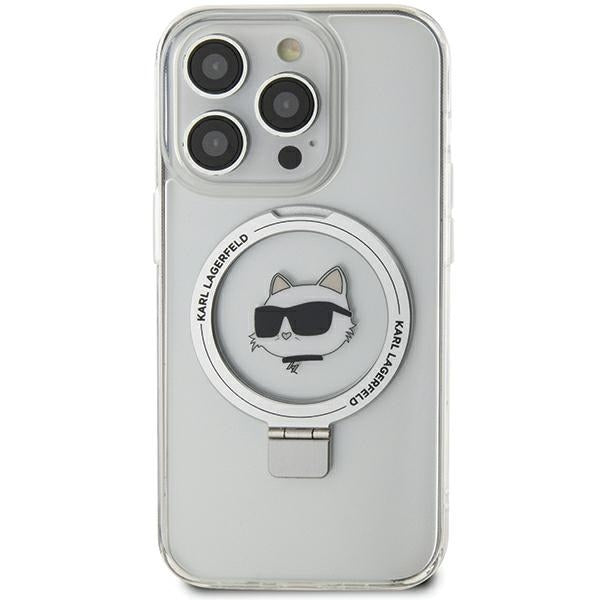 Puzdro MagSafe pre Apple iPhone 15 Pro Max, Karl Lagerfeld, Ring Stand Choupette's Head, Biela