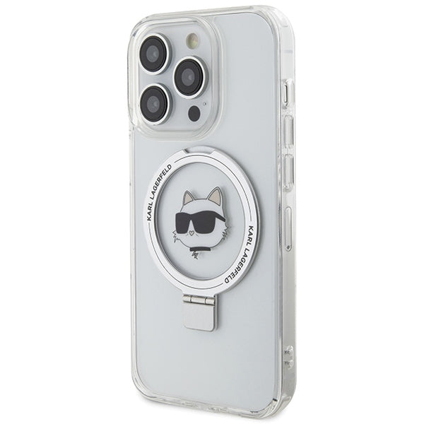Puzdro MagSafe pre Apple iPhone 15 Pro Max, Karl Lagerfeld, Ring Stand Choupette's Head, Biela