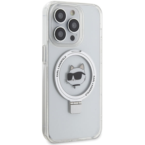 Puzdro MagSafe pre Apple iPhone 15 Pro Max, Karl Lagerfeld, Ring Stand Choupette's Head, Biela
