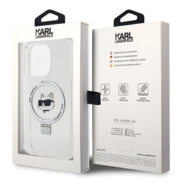 Puzdro MagSafe pre Apple iPhone 15 Pro Max, Karl Lagerfeld, Ring Stand Choupette's Head, Biela