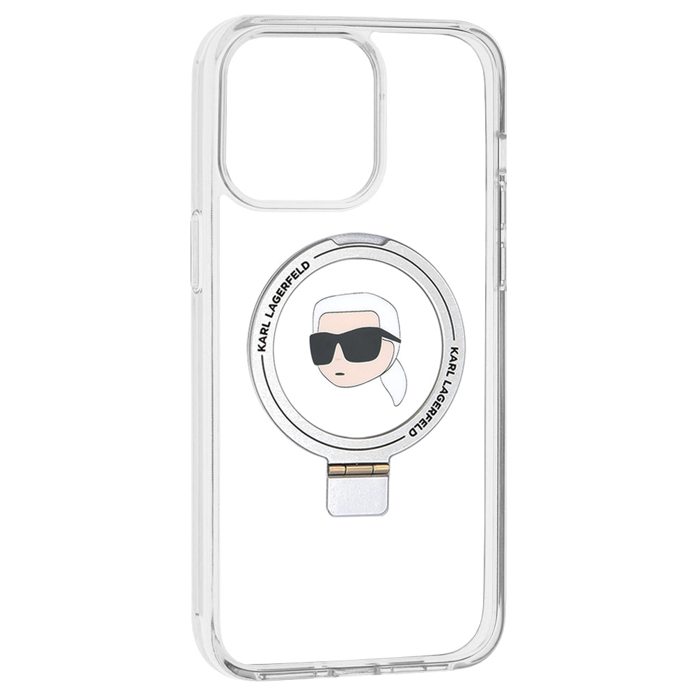 Puzdro MagSafe pre Apple iPhone 15 Pro Max, Karl Lagerfeld, Ring Stand Karl's Head, Biela