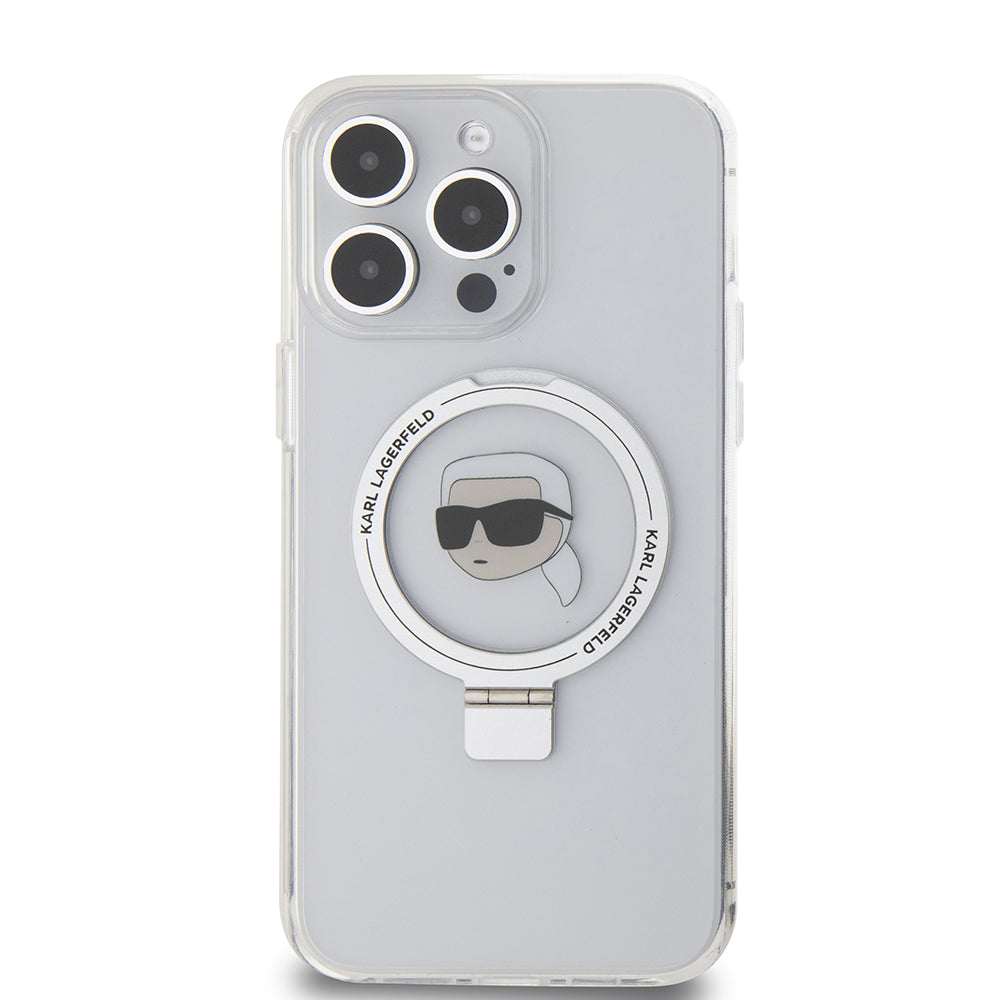 Puzdro MagSafe pre Apple iPhone 15 Pro Max, Karl Lagerfeld, Ring Stand Karl's Head, Biela