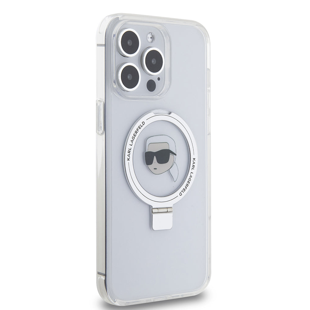 Puzdro MagSafe pre Apple iPhone 15 Pro Max, Karl Lagerfeld, Ring Stand Karl's Head, Biela