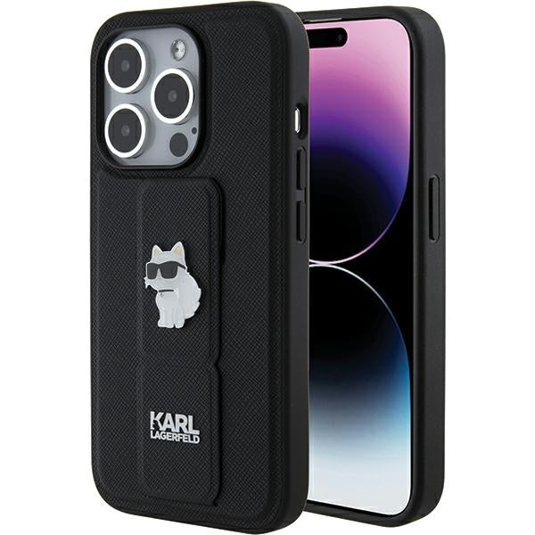 Puzdro MagSafe pre Apple iPhone 15 Pro Max, Karl Lagerfeld, Saffiano Gripstand Choupette, Čierne