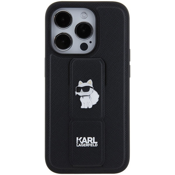 Puzdro MagSafe pre Apple iPhone 15 Pro Max, Karl Lagerfeld, Saffiano Gripstand Choupette, Čierne